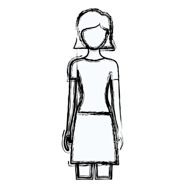 Blurred silhouette faceless front view woman with skirt and short straight hairstyle - Stok Vektor