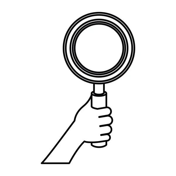 White background with monochrome silhouette of hand holding magnifying glass — Stock Vector