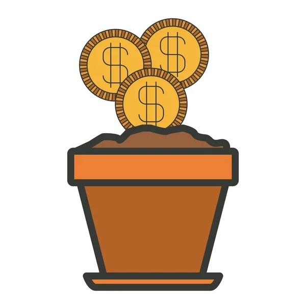 Барвистий силует квіткового горщика з набором монет з товстим контуром — стоковий вектор