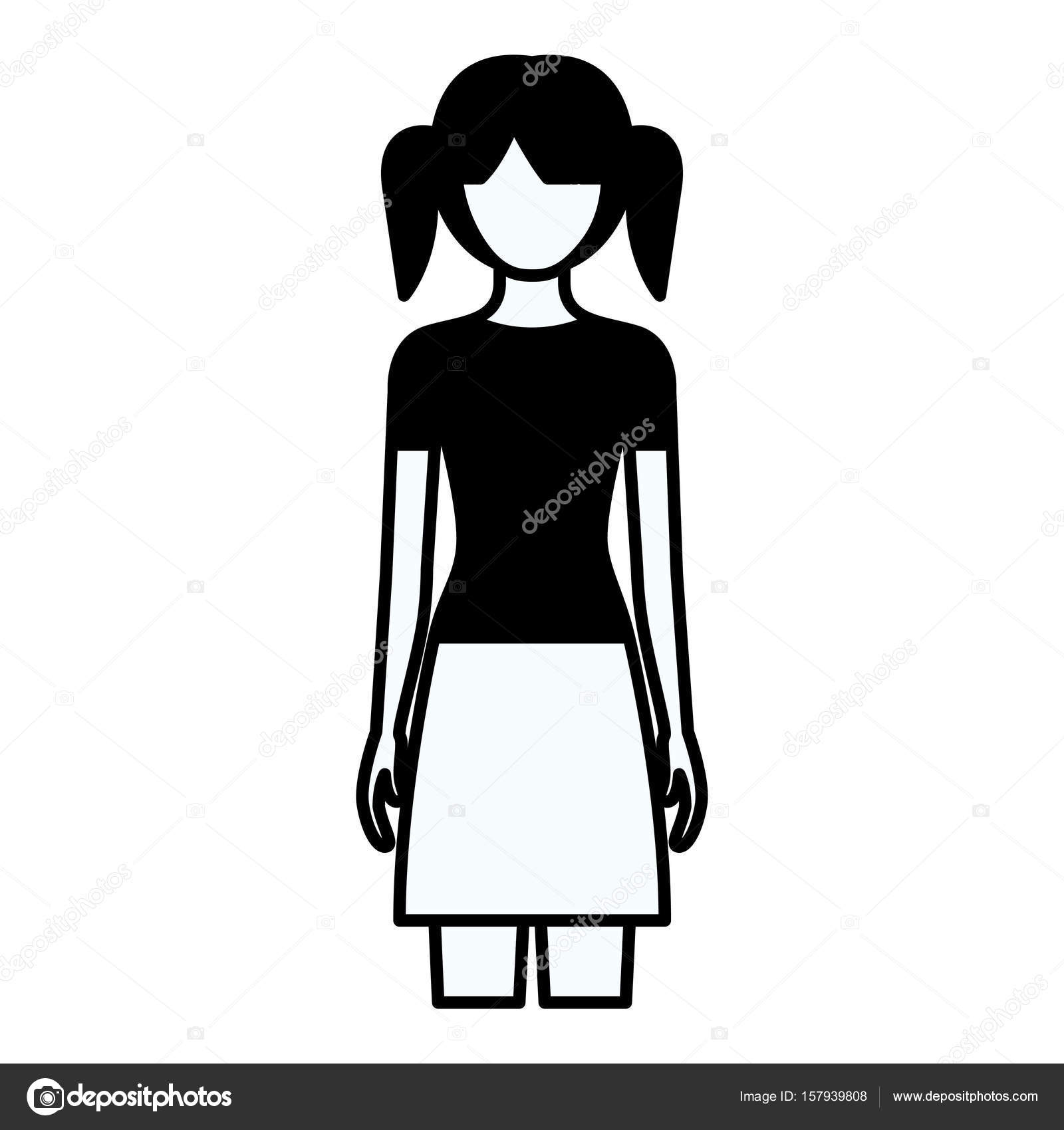 Черный силуэт толстый контур лица все тело подростка с юбкой и высокими косичками прическа Векторное изображение ©grgroupstock 157939808