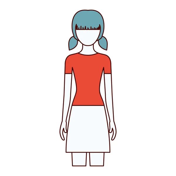 Color secciones silueta sin rostro vista frontal chica con falda y coletas cortas — Vector de stock