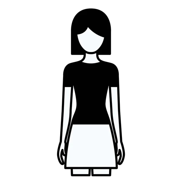 Silhouette noire contour épais de femme sans visage corps complet avec jupe et cheveux courts — Image vectorielle