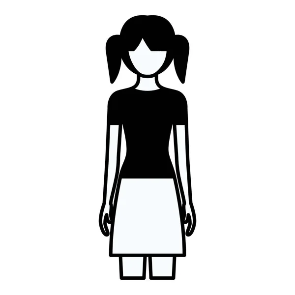 Black silhouette thick contour of faceless full body teenager with skirt and tall pigtails hairstyle — Stock Vector