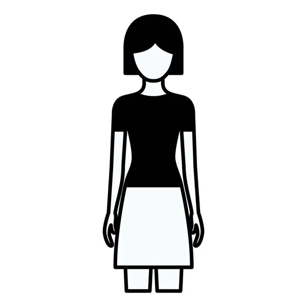 Silhouette noire contour épais de femme sans visage corps complet avec jupe et coiffure courte — Image vectorielle