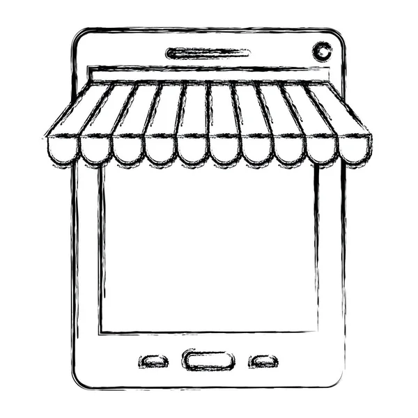 Monochroom wazig silhouet van tablet online winkel — Stockvector