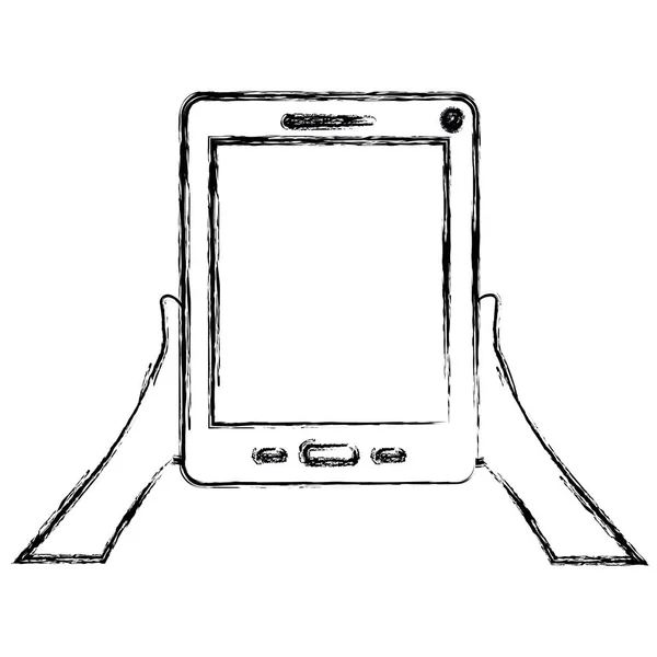 Silueta borrosa monocromática de las manos que sostienen el dispositivo de la tableta — Vector de stock