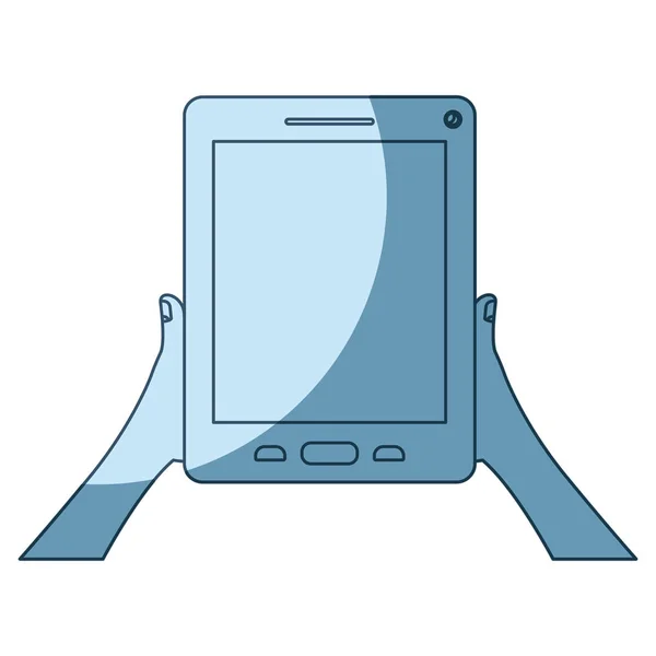Silueta de sombreado azul de las manos que sostienen el dispositivo tableta — Vector de stock