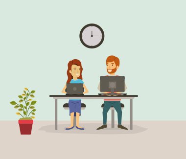 Teknik cihazlar iş adamları ile masasında oturan çift işçinin ile renk arka plan