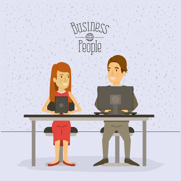 Fond de couleur avec des étincelles de travail d'équipe assis dans le bureau avec des gens d'affaires ordinateur et tablette — Image vectorielle