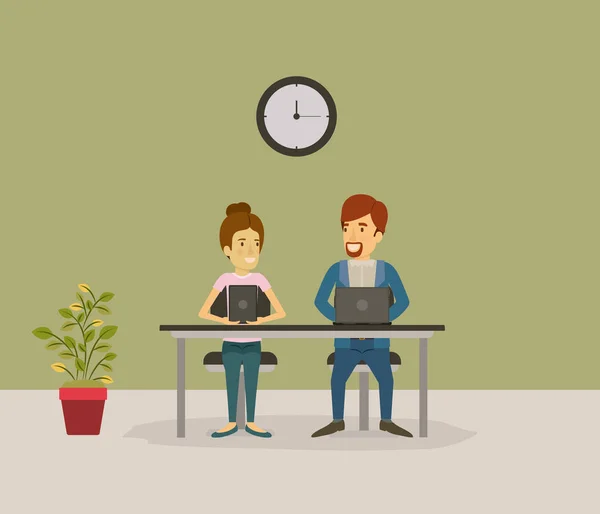 Färg bakgrunden med par man och kvinna som sitter i skrivbord affärsmän — Stock vektor