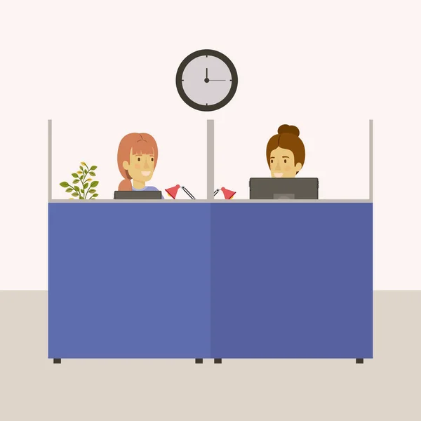 色背景キュービクル若い女性と年配の女性従業員の職場事務所 — ストックベクタ