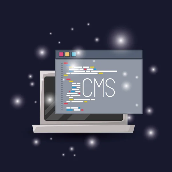 Синий темный фон с яркостью ноутбука и языка программирования окна программы cms — стоковый вектор