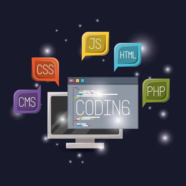 Синий темный фон с яркостью отображения компьютера и кодирования окна программы с текстовыми кодами языка веб-программирования — стоковый вектор