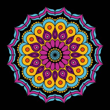siyah arka plan ile renkli çiçek mandala vintage Dekoratif süsleme