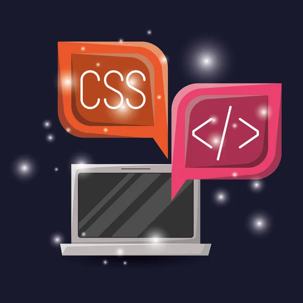 Синий темный фон с яркостью ноутбука и диалоговое окно с иконками кодов языка веб-программирования — стоковый вектор