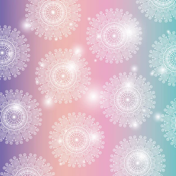 Fondo de color arco iris con brillo y patrón de flores mandala decorativo — Vector de stock