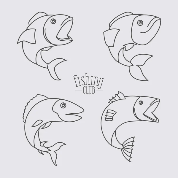 Эскизы силуэт типов рыбы и логотип текстовый клуб рыбалки в центре — стоковый вектор
