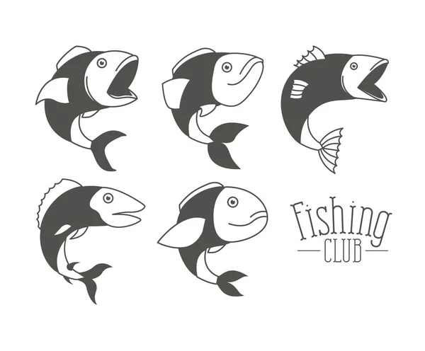 Monochrome silhouette types fish and logo text fishing club — Stock Vector