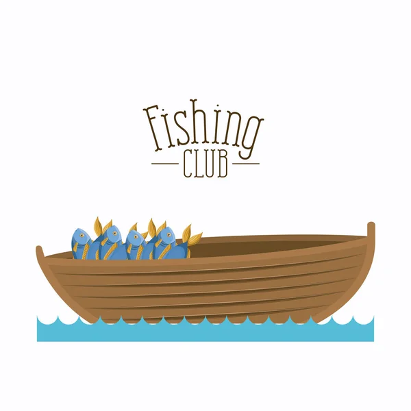 Hvid baggrund båd med spand fuld af fisk og tekst logo fiskeri klub – Stock-vektor