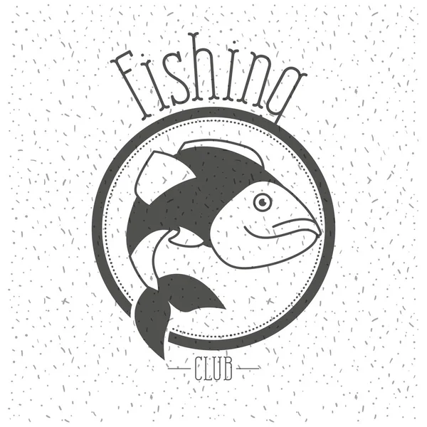 Vit bakgrund med gnistrar av svartvit siluett emblem med fisk logotyp fiske klubb — Stock vektor