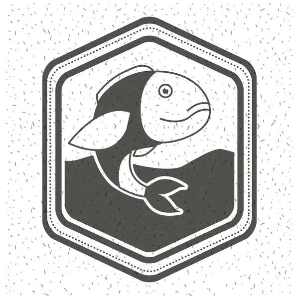 Fondo blanco con brillo de emblema de silueta monocromática con peces en el agua — Vector de stock