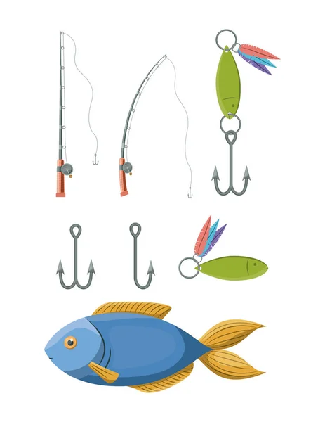 Colorful set collection elements to fishing rod and hooks — Stock Vector