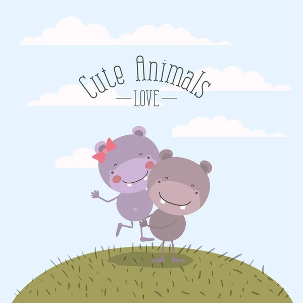 Scène de couleur ciel paysage et herbe avec couple d'hippopotames l'un portant les autres animaux mignons amour — Image vectorielle