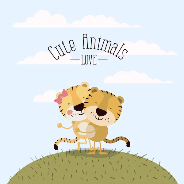 Scène de couleur ciel paysage et herbe avec couple de tigres l'un portant les autres animaux mignons amour — Image vectorielle