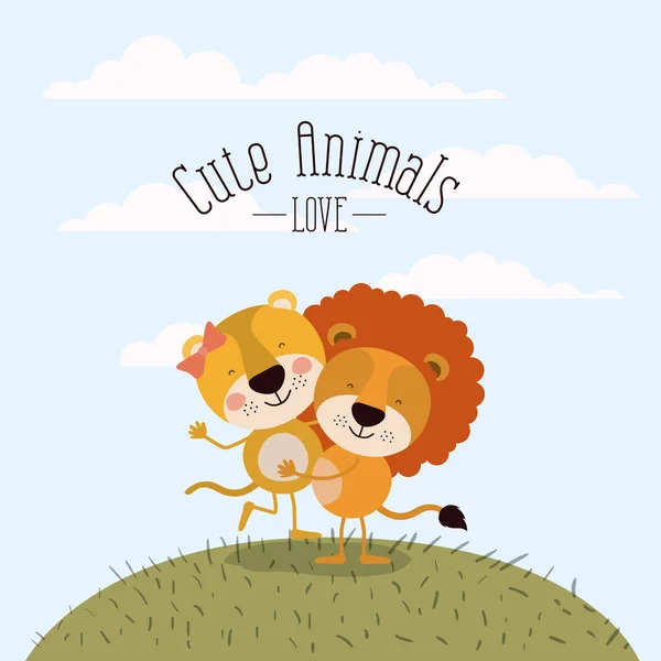 Scène de couleur ciel paysage et herbe avec couple de lionne et lion l'un portant les autres animaux mignons amour — Image vectorielle