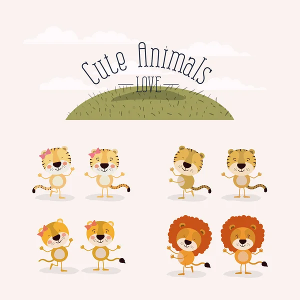 Fondo blanco con hierba y animales lindos conjunto amor tigres y leones hembra y macho — Vector de stock