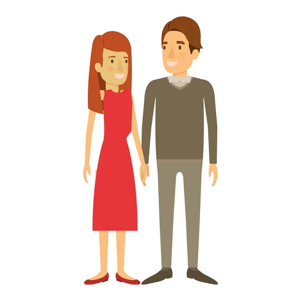 Silhouette colorée de l'homme et de la femme debout et elle avec les cheveux longs droite et lui en vêtements formels et frange côté cheveux — Image vectorielle
