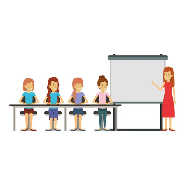 White background with women group sitting in a desk for executive female in presentacion business people — Stock Vector