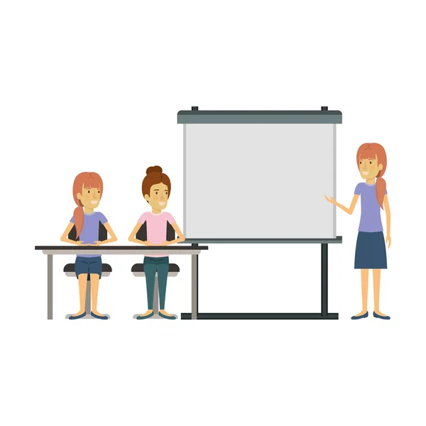 Vit bakgrund med par kvinnor sitter i ett skrivbord för kvinnliga verkställande orator i presentacion affärsmän — Stock vektor