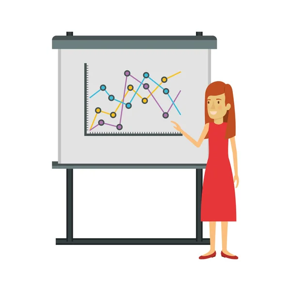 Witte achtergrond met zakenvrouw in jurk met rechte en lange haar presentatie maken — Stockvector