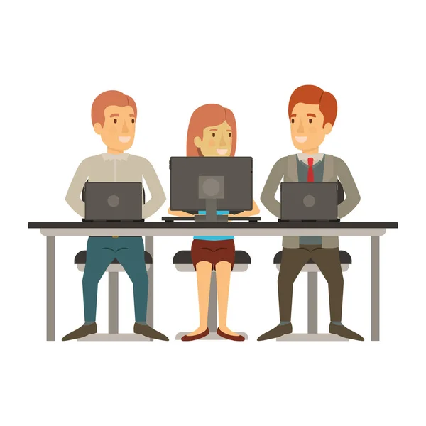 Weißer Hintergrund mit Teamwork von Frauen und Männern am Schreibtisch mit technischen Geräten — Stockvektor