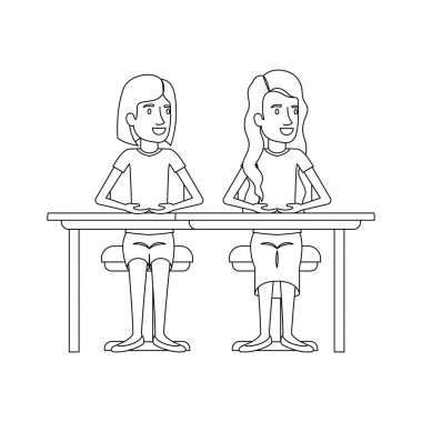 Çift kısa saç ve diğer uzun dalgalı saçlı bir masasında oturan kadınların tek renkli siluet