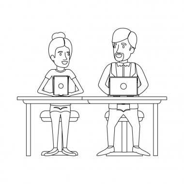 tek renkli takım çalışması Danışma teknik cihazlar ve onu ile toplanan saç ve onu van dyke sakallı rahat kıyafetler içinde oturan adam ve kadın silüeti