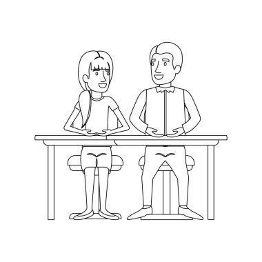 tek renkli çalışması Resepsiyon ve onu at kuyruğu saç modeli ve onu rahat kıyafetler içinde oturan adam ve kadın silüeti