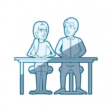 ekip çalışması Resepsiyon ve onu at kuyruğu saç modeli ve onu rahat kıyafetler içinde oturan adam ve kadın silüeti mavi gölgelendirme