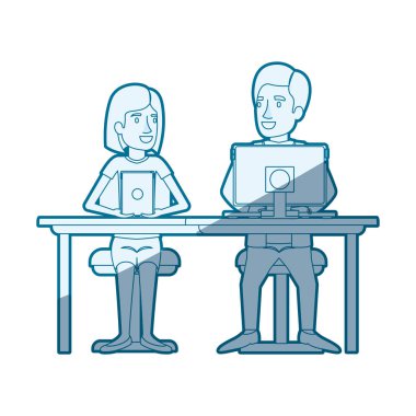 ekip çalışması Danışma teknik cihazlar ve onu kısa saç ve onu resmi elbiseli oturan adam ve kadın silüeti mavi gölgelendirme