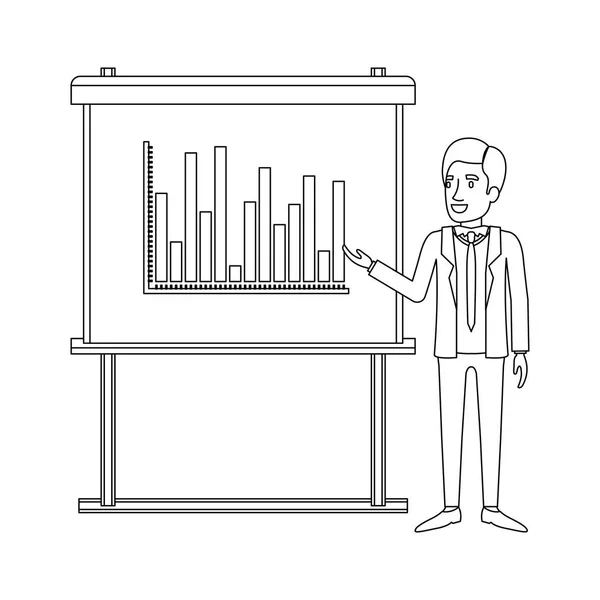 プレゼンテーションを作るネクタイ フォーマル スーツのビジネスマンのモノクロ シルエット — ストックベクタ