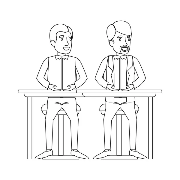 Silhouette monochrome des hommes assis dans le bureau l'un avec des vêtements décontractés et l'autre avec des vêtements formels et barbe van dyke — Image vectorielle