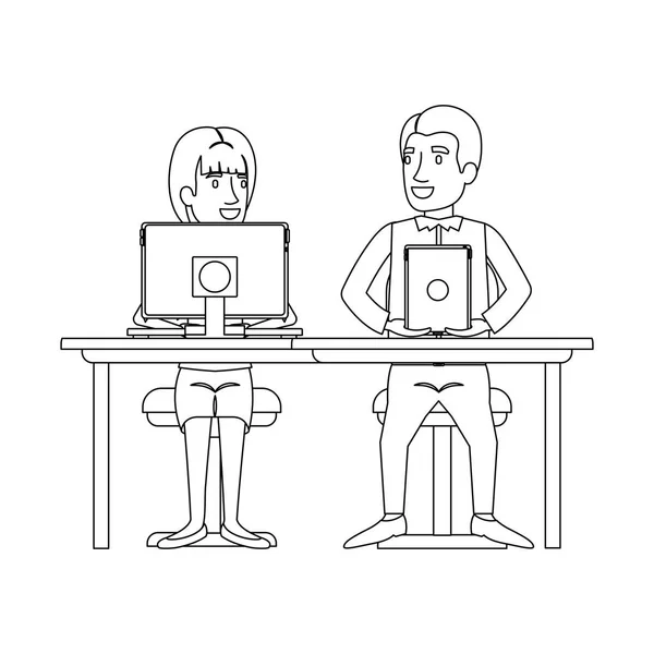 Silhouette monochrome de travail d'équipe de femme et d'homme assis sur le bureau avec des dispositifs techniques et elle avec coiffure queue de cheval et lui en vêtements décontractés — Image vectorielle