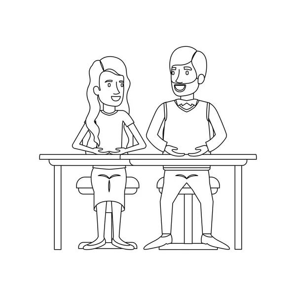 Silhueta monocromática de trabalho em equipe de mulher e homem sentado na mesa e ela com cabelo ondulado longo e ele em roupas casuais com barba —  Vetores de Stock