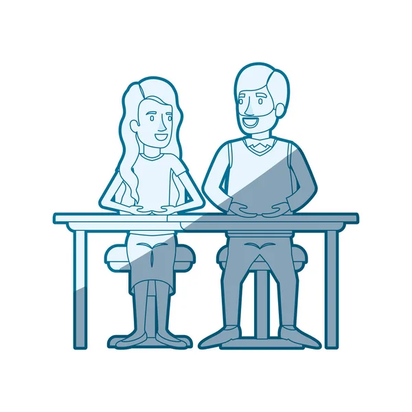 Синій силует командної роботи жінки і чоловіка, сидячи за столом і її з довгим хвилястим волоссям і його в повсякденному одязі з бородою — стоковий вектор