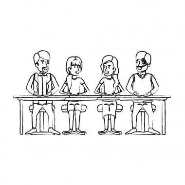 kadın ve erkek masasında oturan ekip çalışması tek renkli bulanık silüeti