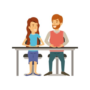 renkli takım çalışması Resepsiyon ve onu rahat kıyafetler sakallı, uzun dalgalı saç ve onu oturan adam ve kadın silüeti