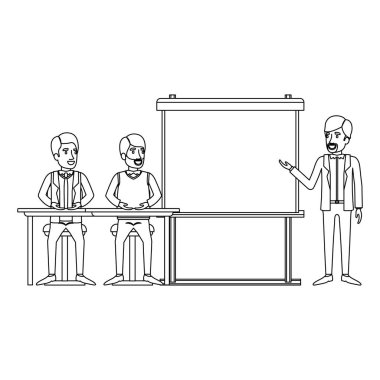 Çift çift hatip presentacion iş adamları için bir Resepsiyon oturan adamın tek renkli arka plan