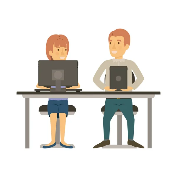 Colorful silhouette of teamwork of woman and man sitting in desk with tech devices and her with ponytail hairstyle and him in casual clothes — Stock Vector