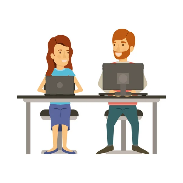 Colorful silhouette of teamwork of woman and man sitting in desk with tech devices and her with long wavy hair and him in casual clothes with beard — Stock Vector